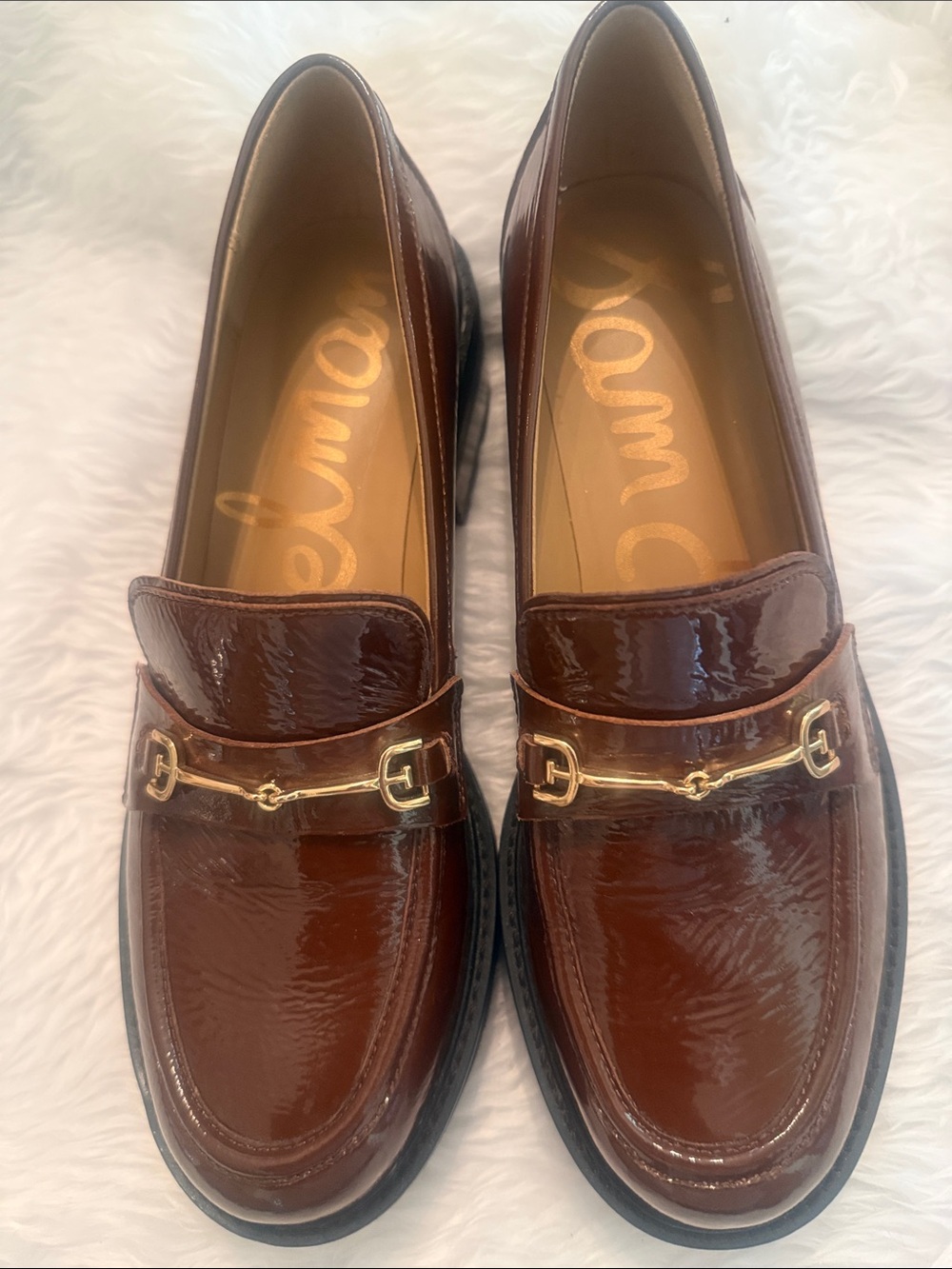 Sam Edelman Patent Brown Loafers with Gold Bit Hardware